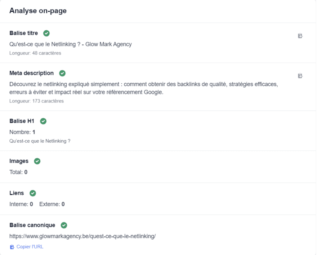 Serpixa report section with detailed checks and status labels